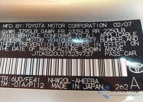 2007 Toyota Prius from USA, damaged, VIN JTDKB20U273239737